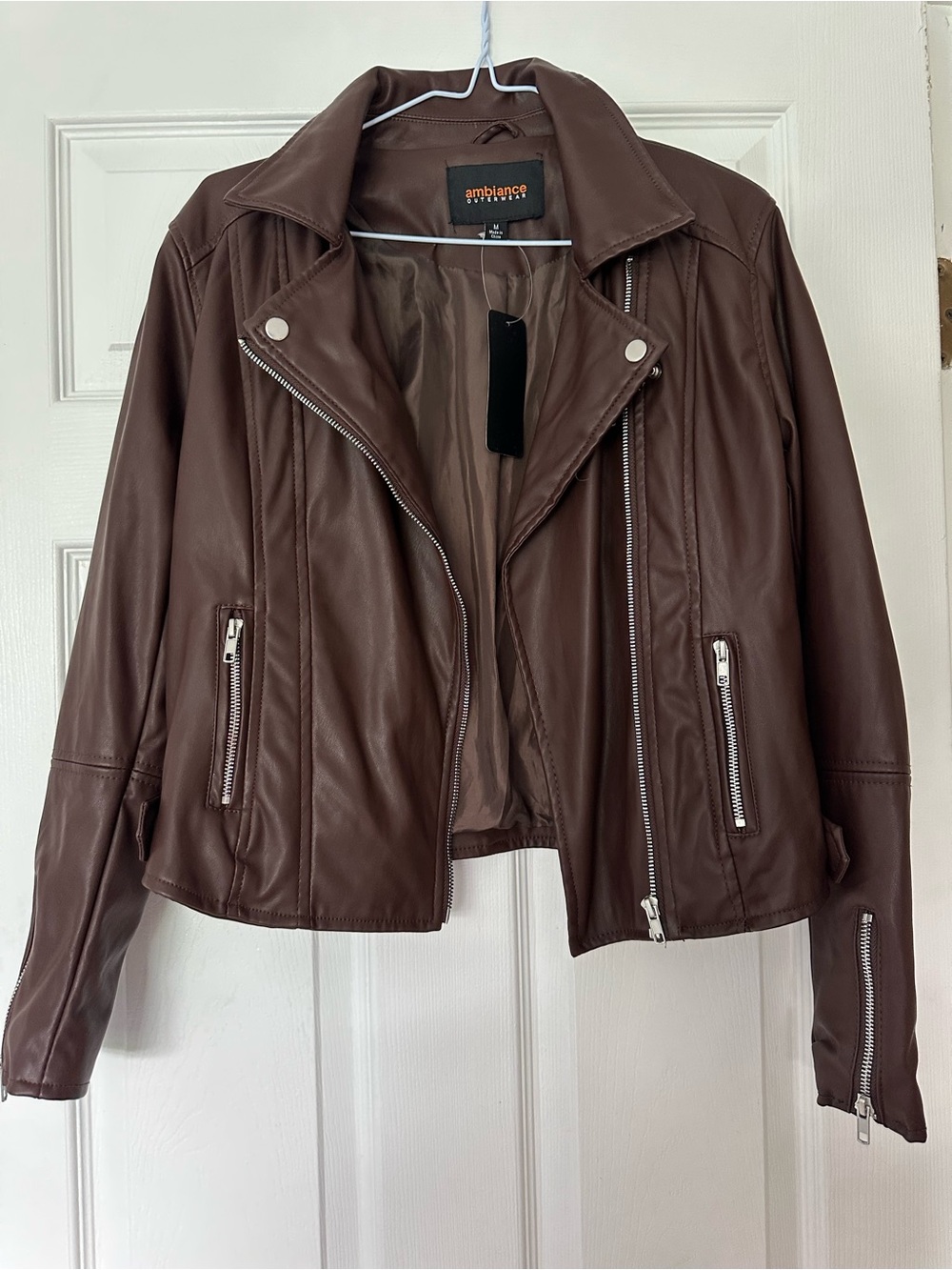 Ambiance Brown Faux Leather Moto Jacket with Silver accents Medium NWT